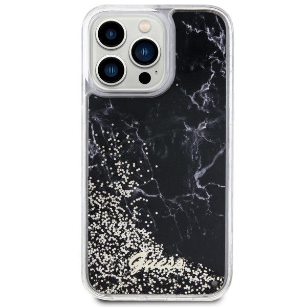 Guess Liquid Glitter Marble dėklas iPhone 14 Pro Max – juodas