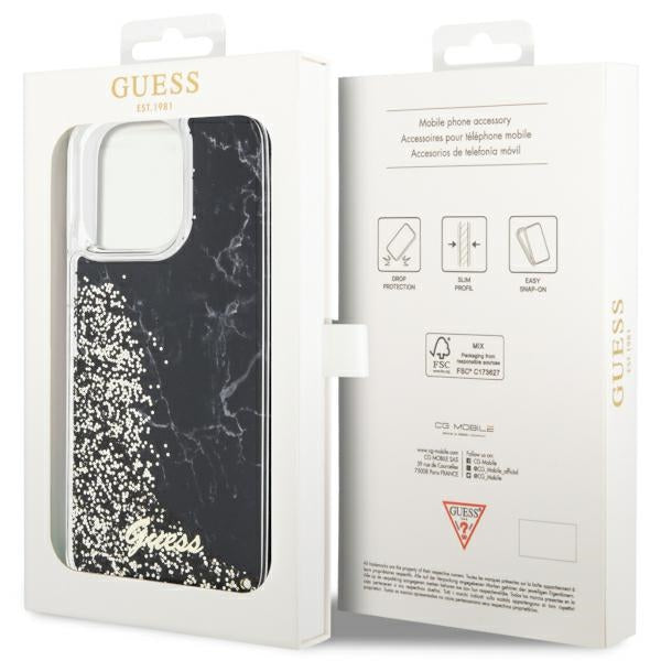 Guess Liquid Glitter Marble dėklas iPhone 14 Pro Max – juodas