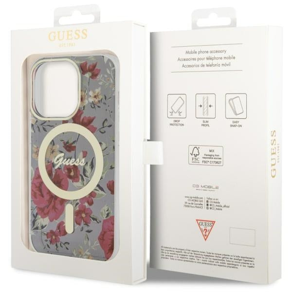 Guess MagSafe dėklas iPhone 14 Pro – žalias/khaki, gėlės