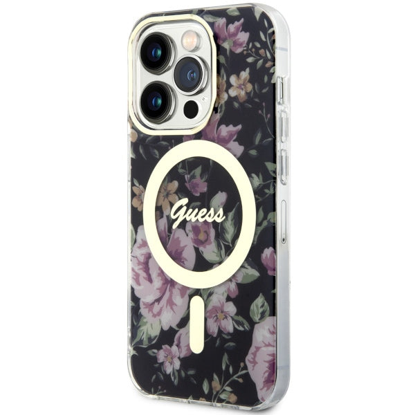 Guess MagSafe dėklas iPhone 14 Pro – juodas, gėlės
