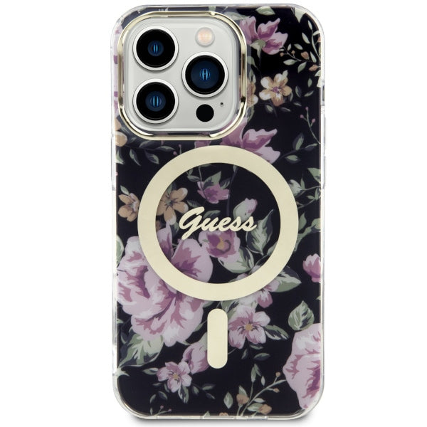 Guess MagSafe dėklas iPhone 14 Pro – juodas, gėlės