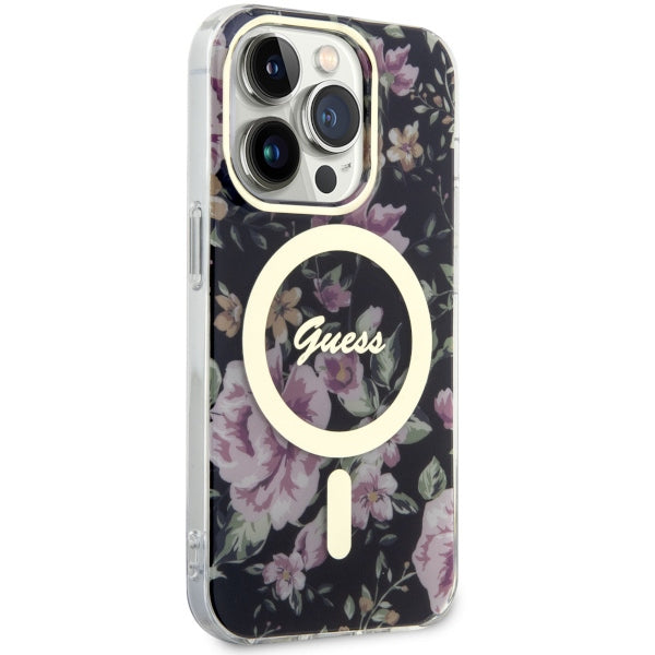 Guess MagSafe dėklas iPhone 14 Pro – juodas, gėlės
