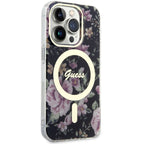 Guess MagSafe dėklas iPhone 14 Pro – juodas, gėlės