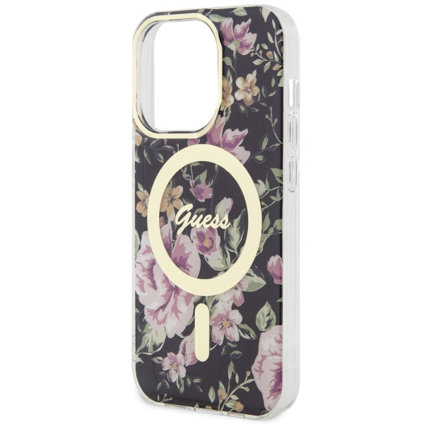 Guess MagSafe dėklas iPhone 14 Pro – juodas, gėlės