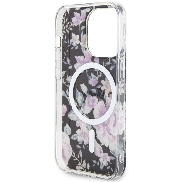 Guess MagSafe dėklas iPhone 14 Pro – juodas, gėlės