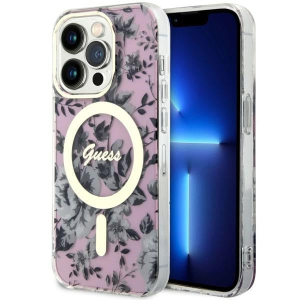 Guess MagSafe dėklas iPhone 14 Pro – rožinis, gėlės