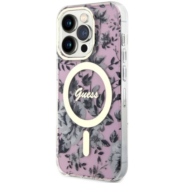 Guess MagSafe dėklas iPhone 14 Pro – rožinis, gėlės