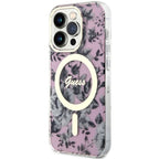 Guess MagSafe dėklas iPhone 14 Pro – rožinis, gėlės