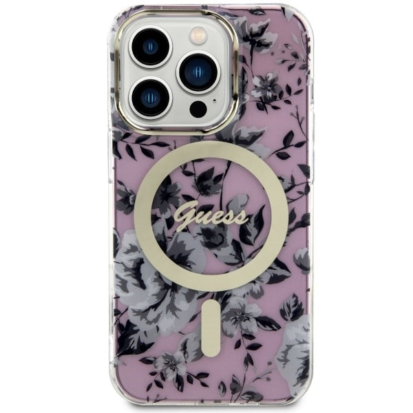 Guess MagSafe dėklas iPhone 14 Pro – rožinis, gėlės