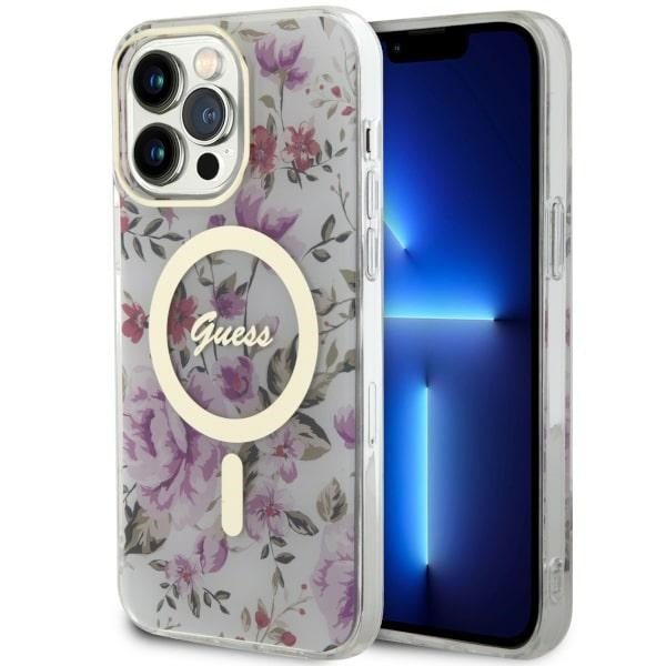 Guess MagSafe dėklas iPhone 14 Pro – skaidrus, gėlės
