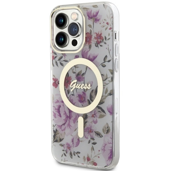 Guess MagSafe dėklas iPhone 14 Pro – skaidrus, gėlės