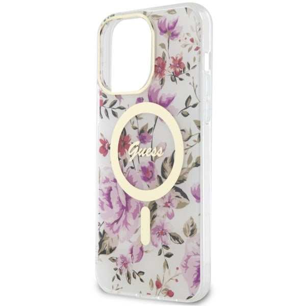 Guess MagSafe dėklas iPhone 14 Pro – skaidrus, gėlės
