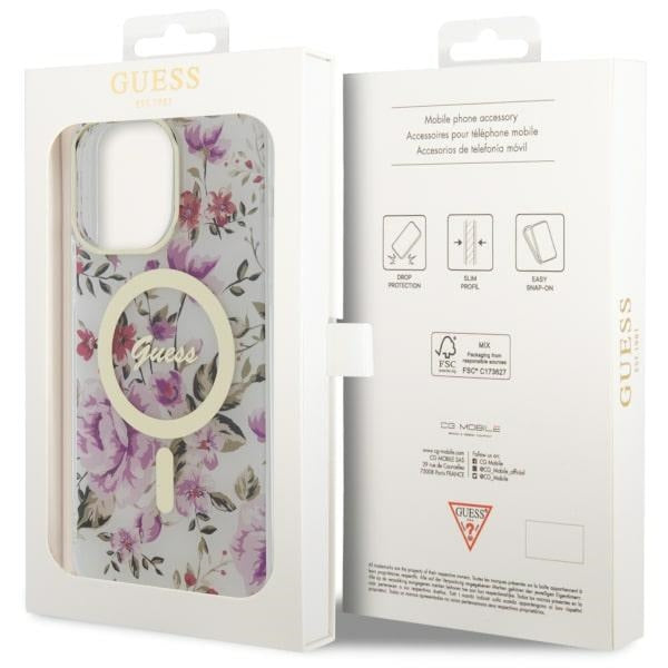 Guess MagSafe dėklas iPhone 14 Pro – skaidrus, gėlės