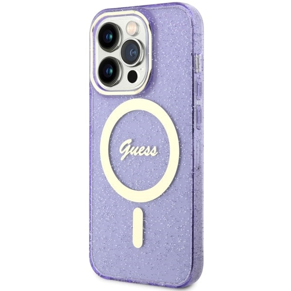 Guess Glitter Gold MagSafe dėklas iPhone 14 Pro – violetinis