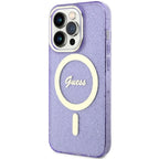 Guess Glitter Gold MagSafe dėklas iPhone 14 Pro – violetinis