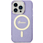 Guess Glitter Gold MagSafe dėklas iPhone 14 Pro – violetinis