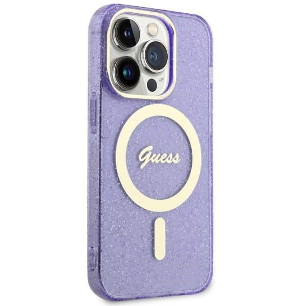 Guess Glitter Gold MagSafe dėklas iPhone 14 Pro – violetinis