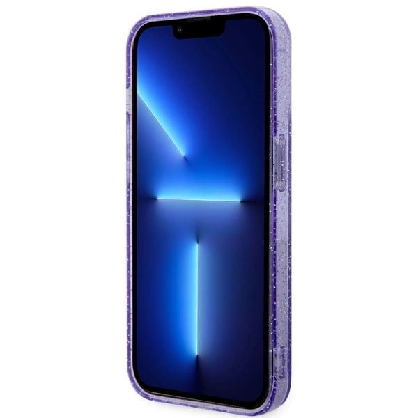 Guess Glitter Gold MagSafe dėklas iPhone 14 Pro – violetinis
