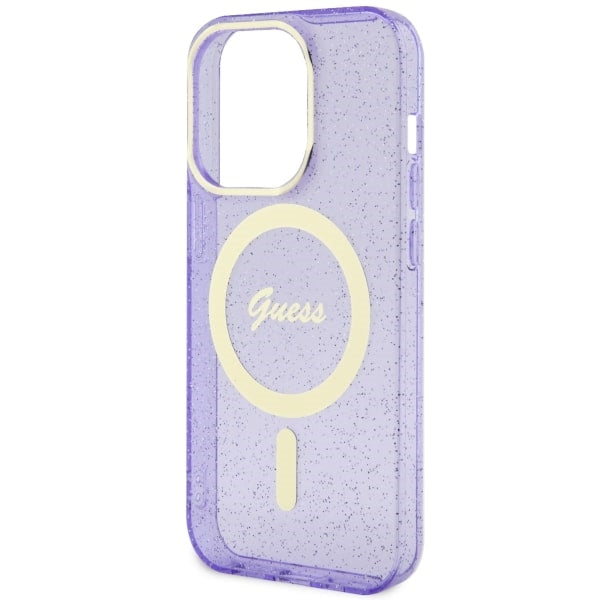 Guess Glitter Gold MagSafe dėklas iPhone 14 Pro – violetinis