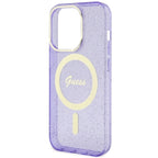 Guess Glitter Gold MagSafe dėklas iPhone 14 Pro – violetinis