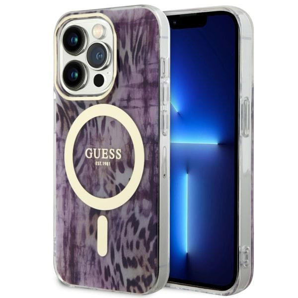 Guess MagSafe dėklas iPhone 14 Pro – rožinis, leopardas