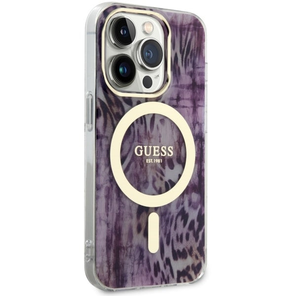 Guess MagSafe dėklas iPhone 14 Pro – rožinis, leopardas