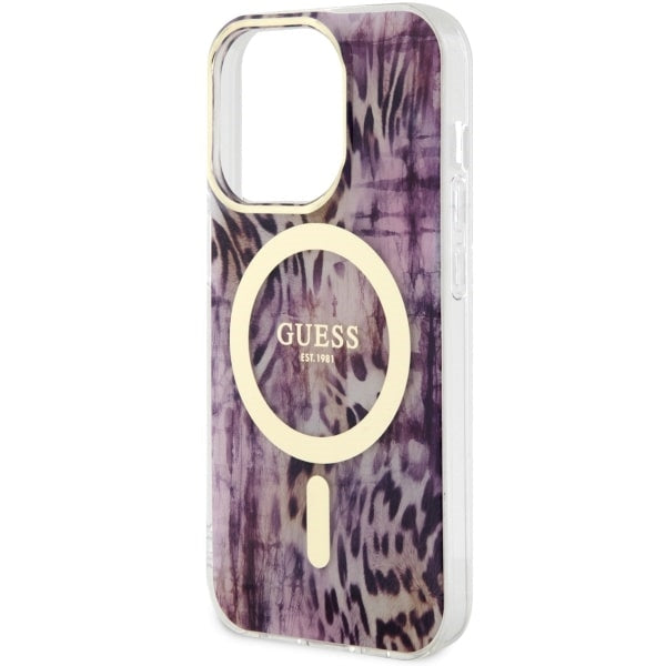 Guess MagSafe dėklas iPhone 14 Pro – rožinis, leopardas