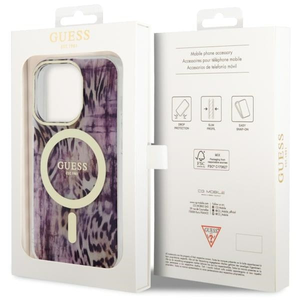 Guess MagSafe dėklas iPhone 14 Pro – rožinis, leopardas