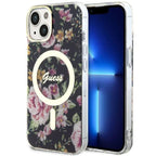 Guess MagSafe dėklas iPhone 14 Plus – juodas, gėlės -- iPhone 14 Plus