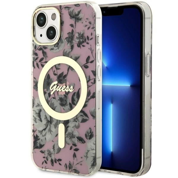 Guess MagSafe dėklas iPhone 14 Plus – rožinis, gėlės