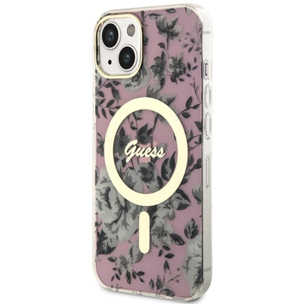 Guess MagSafe dėklas iPhone 14 Plus – rožinis, gėlės