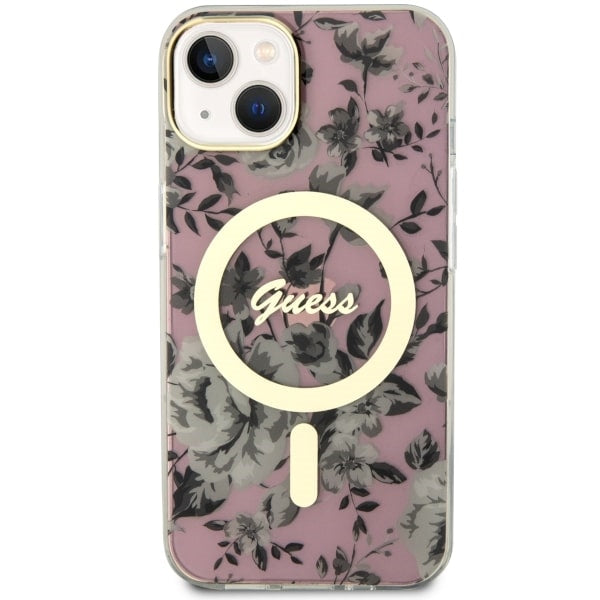 Guess MagSafe dėklas iPhone 14 Plus – rožinis, gėlės