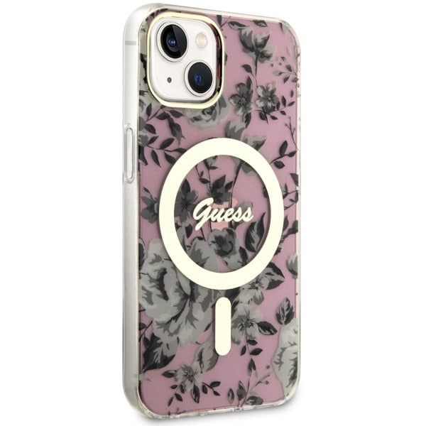 Guess MagSafe dėklas iPhone 14 Plus – rožinis, gėlės