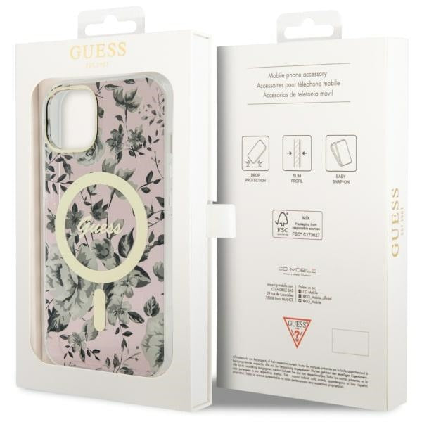 Guess MagSafe dėklas iPhone 14 Plus – rožinis, gėlės
