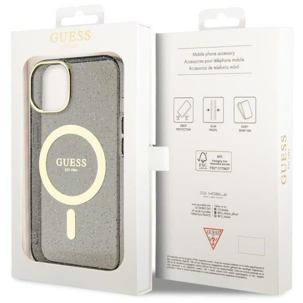 Guess MagSafe dėklas iPhone 14 Plus – juodas, blizgus