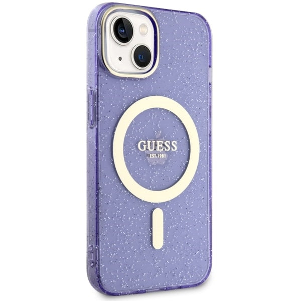 Guess MagSafe dėklas iPhone 14 Plus – violetinis, blizgus