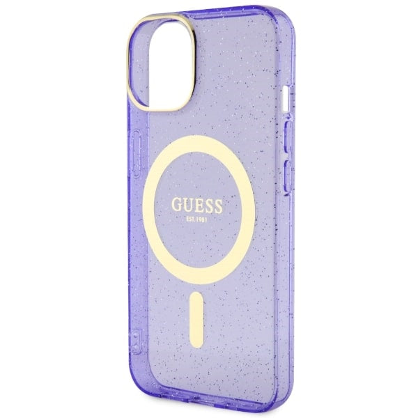 Guess MagSafe dėklas iPhone 14 Plus – violetinis, blizgus