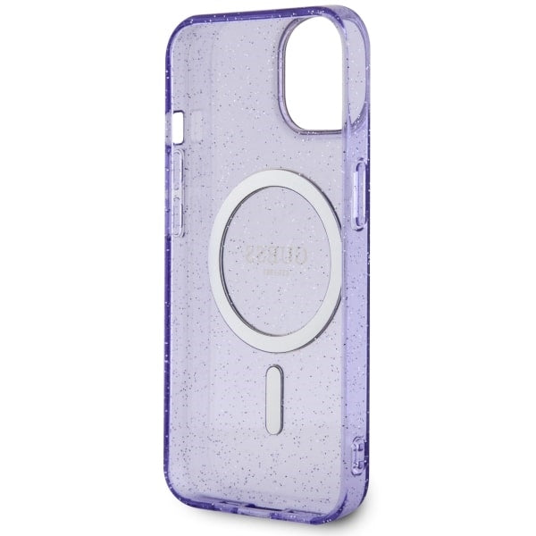Guess MagSafe dėklas iPhone 14 Plus – violetinis, blizgus