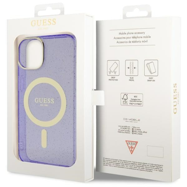 Guess MagSafe dėklas iPhone 14 Plus – violetinis, blizgus