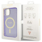 Guess MagSafe dėklas iPhone 14 Plus – violetinis, blizgus
