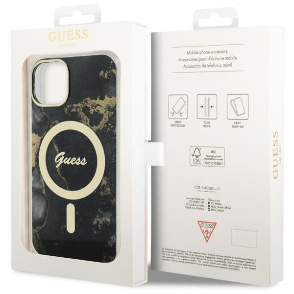 Guess Golden Marble MagSafe dėklas iPhone 14 Plus – juodas -- iPhone 14 Plus