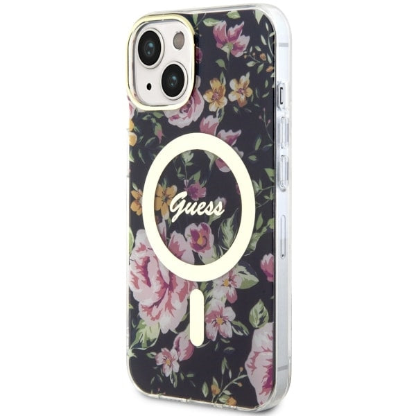 Guess MagSafe dėklas iPhone 14 – juodas, gėlės