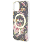 Guess MagSafe dėklas iPhone 14 – juodas, gėlės