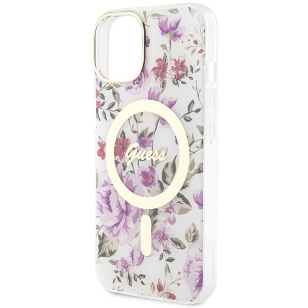 Guess Flower MagSafe dėklas iPhone 14 – skaidrus