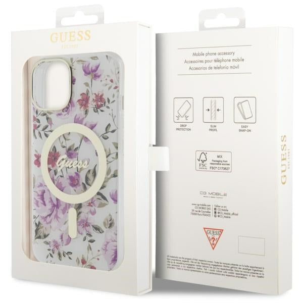 Guess Flower MagSafe dėklas iPhone 14 – skaidrus
