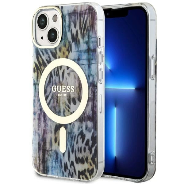 Guess MagSafe dėklas iPhone 14 – mėlynas leopardas