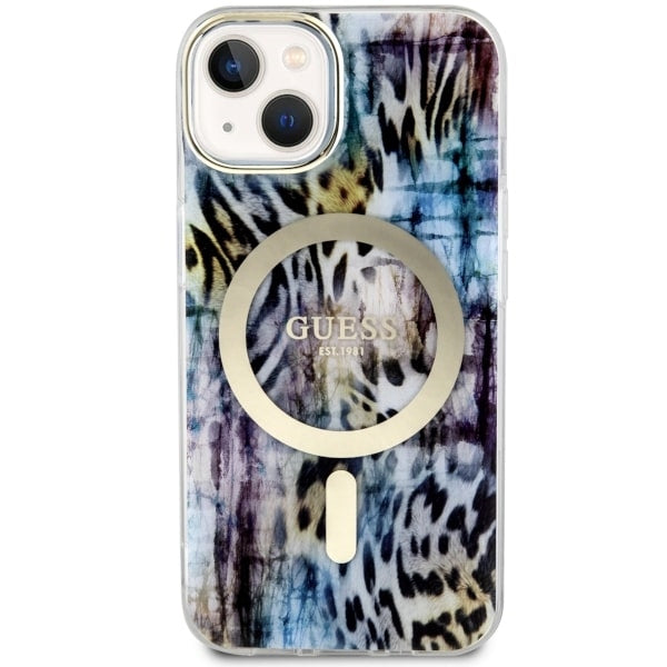 Guess MagSafe dėklas iPhone 14 – mėlynas leopardas