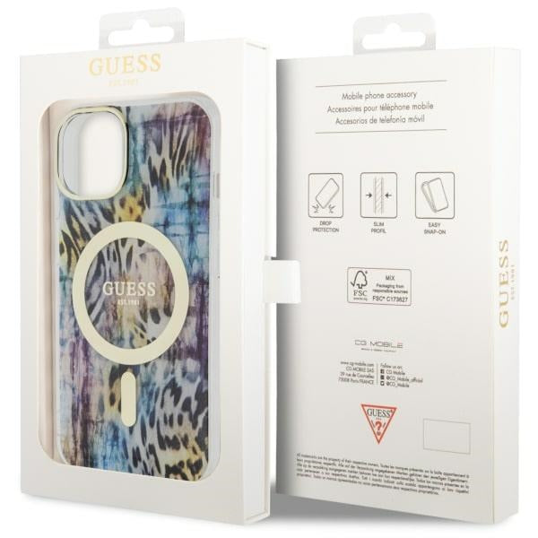 Guess MagSafe dėklas iPhone 14 – mėlynas leopardas