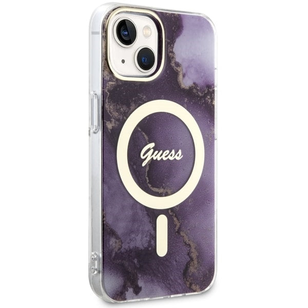 Guess MagSafe dėklas iPhone 14 – violetinis marmuras