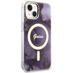 Guess MagSafe dėklas iPhone 14 – violetinis marmuras